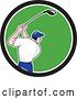 Vector Clip Art of Retro Cartoon Rear View of a White Male Golfer Swinging in a Black White and Green Circle by Patrimonio