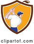 Vector Clip Art of Retro Cartoon Rear View of a White Male Golfer Swinging in a Brown White and Orange Shield by Patrimonio
