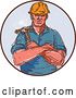 Vector Clip Art of Retro Cartoon Sketched Male Builder Holding a Hammer in a Circle by Patrimonio