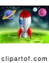 Vector Clip Art of Retro Cartoon Space Rocket Resting on a Green Planet by AtStockIllustration