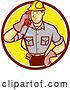 Vector Clip Art of Retro Cartoon Telephone Repair Guy Listening to a Receiver in a Brown White and Yellow Circle by Patrimonio