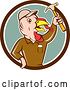 Vector Clip Art of Retro Cartoon Turkey Bird Builder Worker Holding up a Hammer in a Brown White and Green Circle by Patrimonio