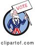 Vector Clip Art of Retro Cartoon Uncle Sam Holding up a Vote Sign, Emerging from a Black and Blue Circle by Patrimonio