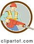 Vector Clip Art of Retro Cartoon White Construction Worker Holding a Jackhammer Drill in a Circle by Patrimonio