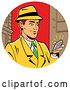 Vector Clip Art of Retro Cartoon White Guy in a Fedora Hat and Yellow Suit, Holding a Ringing Smart Phone by Clip Art Mascots