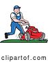 Vector Clip Art of Retro Cartoon White Guy Pushing a Tough Red Lawn Mower Mascot by Patrimonio