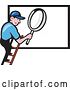 Vector Clip Art of Retro Cartoon White Handy Guy on a Ladder, Holding a Magnifying Glass over a Billboard Sign by Patrimonio
