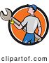 Vector Clip Art of Retro Cartoon White Handy Guy or Mechanic Holding a Spanner Wrench in a Black White and Orange Circle by Patrimonio