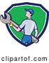Vector Clip Art of Retro Cartoon White Handy Guy or Mechanic Holding a Spanner Wrench in a Blue White and Green Shield by Patrimonio
