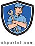 Vector Clip Art of Retro Cartoon White Handy Guy or Mechanic Holding a Spanner Wrench in Folded Arms in a Black White and Blue Shield by Patrimonio