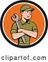 Vector Clip Art of Retro Cartoon White Handy Guy or Mechanic Holding a Spanner Wrench in Folded Arms in a Black White and Orange Circle by Patrimonio
