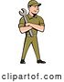 Vector Clip Art of Retro Cartoon White Handy Guy or Mechanic Standing and Holding a Spanner Wrench in Folded Arms by Patrimonio