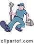Vector Clip Art of Retro Cartoon White Handy Guy or Mechanic Walking with a Spanner Wrench and Tool Box by Patrimonio