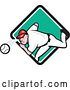 Vector Clip Art of Retro Cartoon White Male Baseball Player Pitching, Emerging from a Turquoise White and Black Diamond by Patrimonio