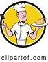 Vector Clip Art of Retro Cartoon White Male Chef Holding a Spatula and Serving a Roasted Chicken in a Black White and Yellow Circle by Patrimonio