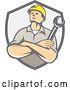 Vector Clip Art of Retro Cartoon White Male Construction or Builder Worker with Folded Arms and a Wrench in a Gray Shield by Patrimonio