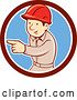 Vector Clip Art of Retro Cartoon White Male Construction Worker Pointing in a Maroon White and Blue Circle by Patrimonio