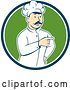 Vector Clip Art of Retro Cartoon White Male Head Chef with a Mustache, Pointing in a Blue White and Green Circle by Patrimonio