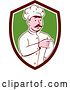 Vector Clip Art of Retro Cartoon White Male Head Chef with a Mustache, Pointing in a Brown White and Green Shield by Patrimonio