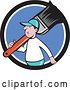 Vector Clip Art of Retro Cartoon White Male House Painter Carrying a Giant Brush on His Shoulder, Emerging from a Black White and Blue Circle by Patrimonio