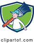 Vector Clip Art of Retro Cartoon White Male House Painter Carrying a Giant Brush on His Shoulder, Emerging from a Blue White and Green Shield by Patrimonio