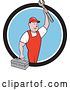 Vector Clip Art of Retro Cartoon White Male Mechanic Holding a Tool Box and Wrench in a Black White and Blue Circle by Patrimonio