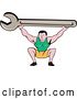 Vector Clip Art of Retro Cartoon White Male Mechanic Squatting and Holding up a Giant Spanner Wrench by Patrimonio