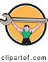 Vector Clip Art of Retro Cartoon White Male Mechanic Squatting and Holding up a Giant Spanner Wrench in a Black White and Orange Circle by Patrimonio