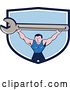 Vector Clip Art of Retro Cartoon White Male Mechanic Squatting and Holding up a Giant Spanner Wrench in a Blue and White Shield by Patrimonio