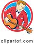 Vector Clip Art of Retro Cartoon White Male Musician Playing a Guitar and Emerging from a Red White and Blue Circle by Patrimonio