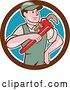 Vector Clip Art of Retro Cartoon White Male Plumber Holding a Giant Monkey Wrench in a Brown White and Blue Circle by Patrimonio