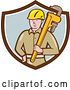 Vector Clip Art of Retro Cartoon White Male Plumber Holding a Giant Monkey Wrench in a Brown White and Pastel Blue Shield by Patrimonio