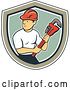 Vector Clip Art of Retro Cartoon White Male Plumber Holding a Giant Monkey Wrench in a Navy Blue, White, Tan and Green Shield by Patrimonio