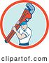 Vector Clip Art of Retro Cartoon White Male Plumber Holding a Monkey Wrench in a Red White and Blue Circle by Patrimonio