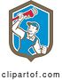Vector Clip Art of Retro Cartoon White Male Plumber Holding up a Monkey Wrench in a Blue White and Brown Shield by Patrimonio