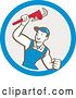Vector Clip Art of Retro Cartoon White Male Plumber Holding up a Monkey Wrench in a Blue White and Taupe Circle by Patrimonio