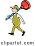 Vector Clip Art of Retro Cartoon White Male Plumber Walking with a Giant Plunger over His Shoulders by Patrimonio