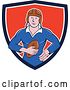 Vector Clip Art of Retro Cartoon White Male Rugby Player Holding the Ball in a Blue White and Red Shield by Patrimonio