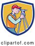 Vector Clip Art of Retro Cartoon White Male Surveyor Using a Theodolite in a Blue White and Yellow Shield by Patrimonio