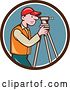 Vector Clip Art of Retro Cartoon White Male Surveyor Using a Theodolite in a Brown White and Blue Circle by Patrimonio