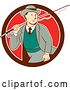 Vector Clip Art of Retro Cartoon White Male Tourist Walking with a Fly Fishing Rod over His Shoulder in a Maroon White and Red Circle by Patrimonio