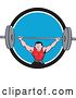 Vector Clip Art of Retro Cartoon White Strongman Bodybuilder Lifting a Barbell over His Head, and Doing Squats, Emerging from a Black White and Blue Circle by Patrimonio