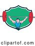 Vector Clip Art of Retro Cartoon White Strongman Bodybuilder Lifting a Barbell over His Head, and Doing Squats, Emerging from a Navy Blue, White and Green Shield by Patrimonio