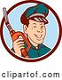 Vector Clip Art of Retro Cartoon Winking Gas Station Attendant Jockey Holding a Nozzle in a Brown White and Blue Circle by Patrimonio