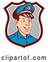 Vector Clip Art of Retro Cartoon Winking White Male Police Officer in a Brown White and Gray Shield by Patrimonio