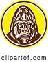 Vector Clip Art of Retro Cartoon Woodcut Angry Gorilla Head in a Yellow Brown and White Circle by Patrimonio