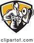 Vector Clip Art of Retro Cartoon Woodcut Strong Male Bodybuilder Working out with a Dummbell and Kettlebell, Emerging from a Black White and Yellow Shield by Patrimonio