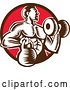 Vector Clip Art of Retro Cartoon Woodcut Strong Male Bodybuilder Working out with a Dummbell and Kettlebell, Emerging from a Brown and Red Circle by Patrimonio