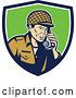 Vector Clip Art of Retro Cartoon World War Two Soldier Talking on a Field Radio in a Blue White and Green Shield by Patrimonio