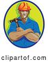 Vector Clip Art of Retro Cartoon Wpa Styled Construction Worker Holding a Hammer in Folded Arms, Within a Blue and Green Oval by Patrimonio